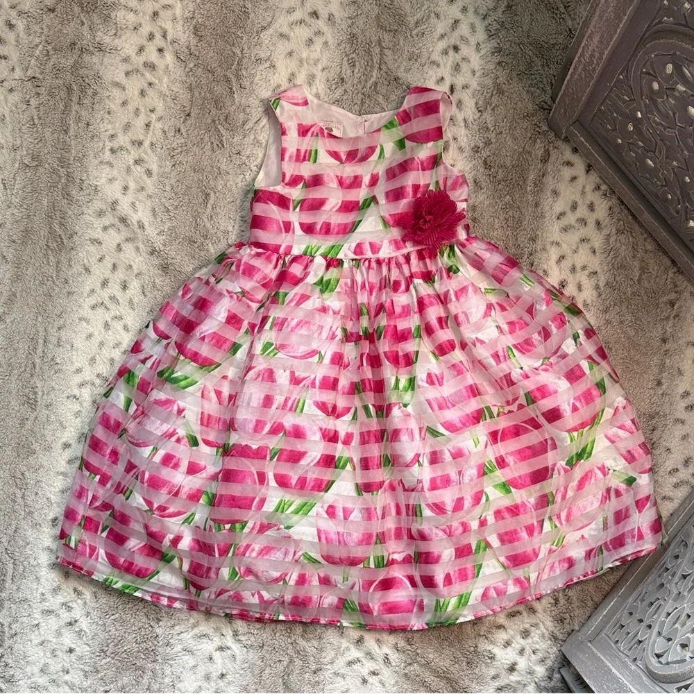 Marmellata pink green floral stripes dress girls size 5 Easter garden party